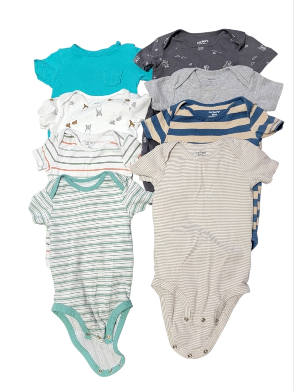 Mixed 18 Month Baby Boy Bodysuit Bundle - Striped & Solid Teal, Beige, Navy